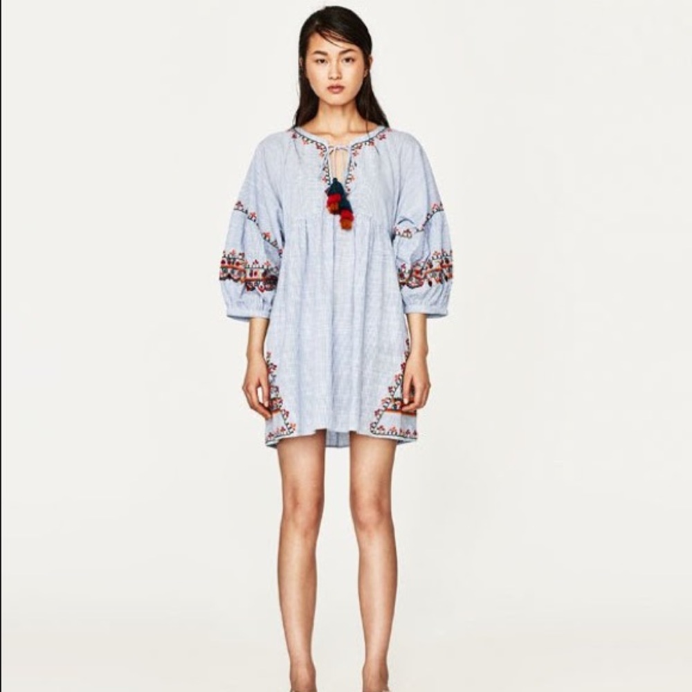 NWT Zara Sky Blue Embroidered Striped Dress